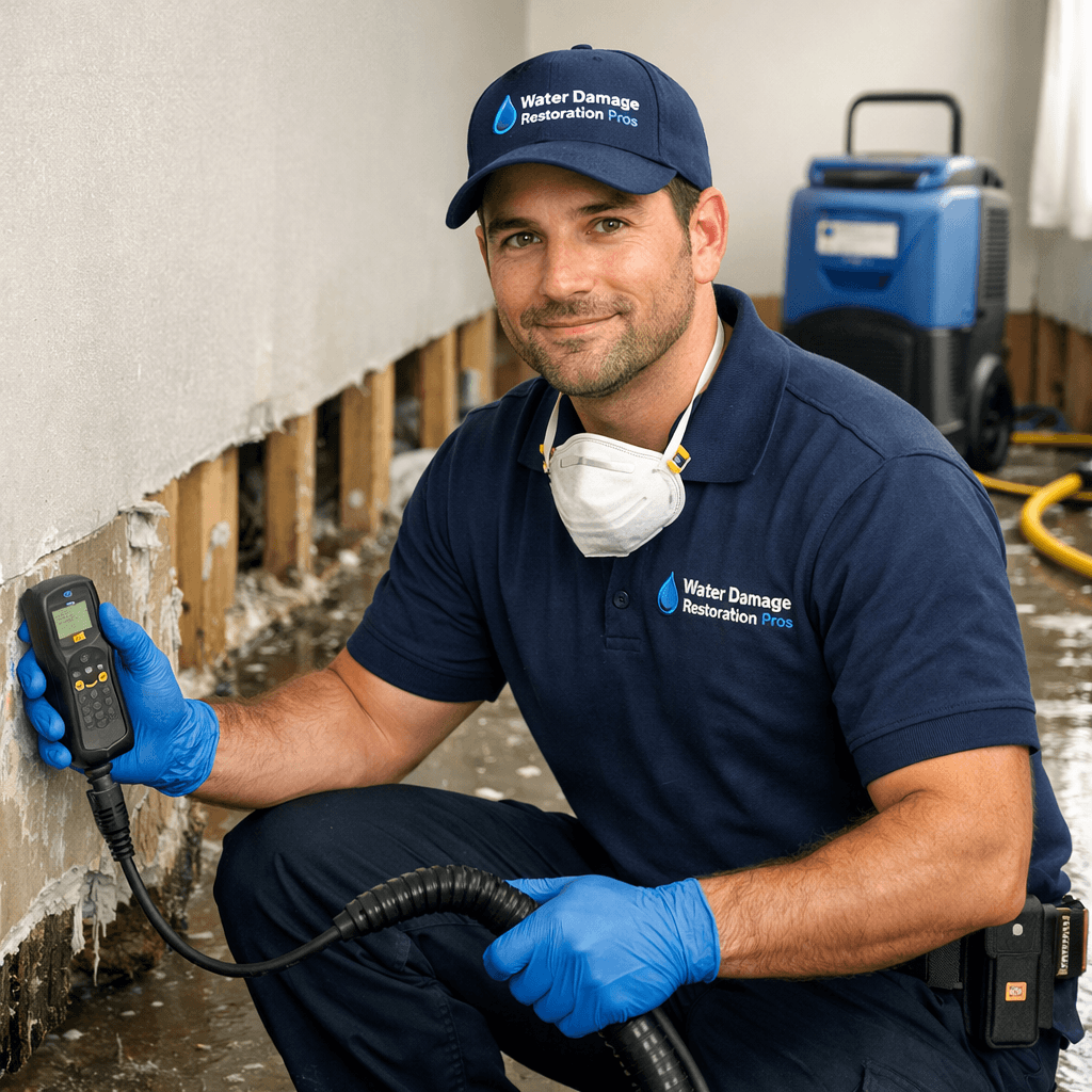 Technician repairing water damage in commercial property